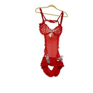 Dreamgirl Red Sheer Teddy Lingerie W/ Silver Sparkly Hearts & Bows Size M